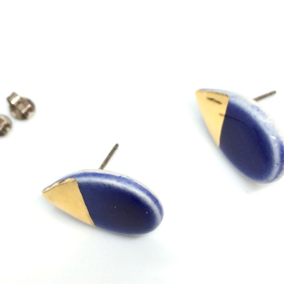 3/$30 PORCELAIN GOLD DIP BLUE GLAZE TEARDROP STUD EARRINGS STERLING SILVER PETAL - Picture 13 of 16